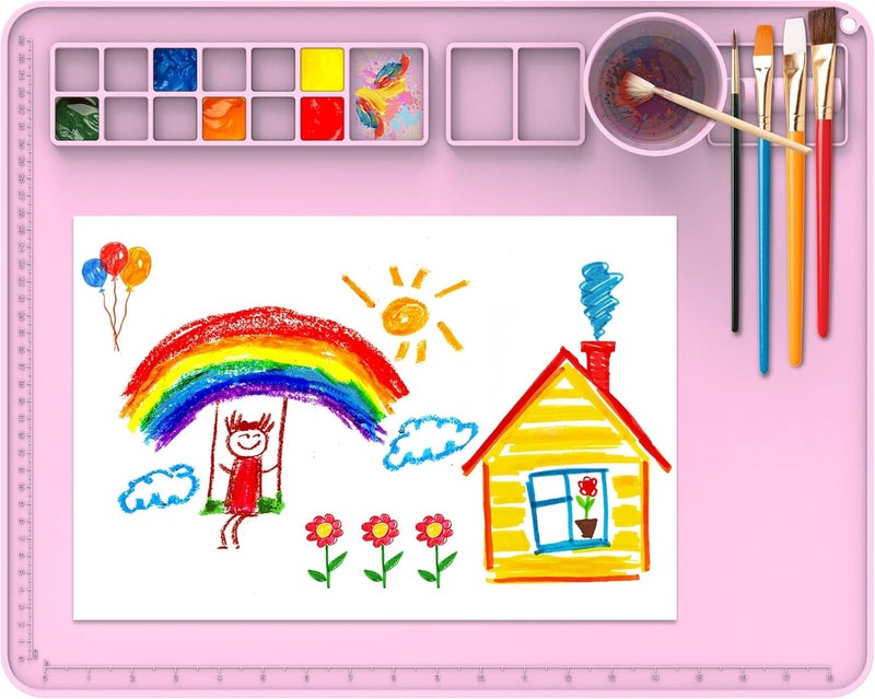 IYYI Silicone Painting Mat, Paint Mat with Cup and Palette, 20"X16" Siliocne Pad for Crafts, Resin, Clay, Kids Art Pad with Raised Edge (Pink) - Image 1